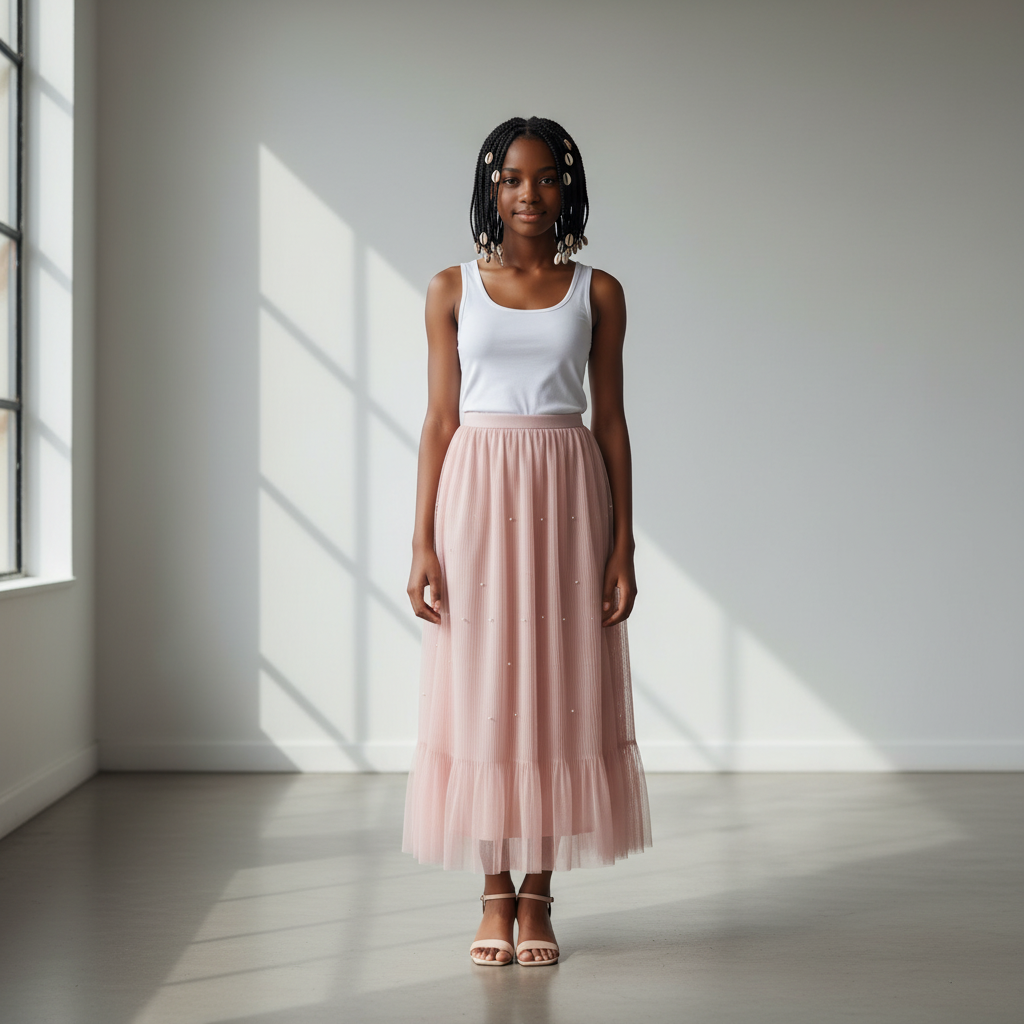Nigerian teenage girl wearing blush pink pearl tulle midi skirt