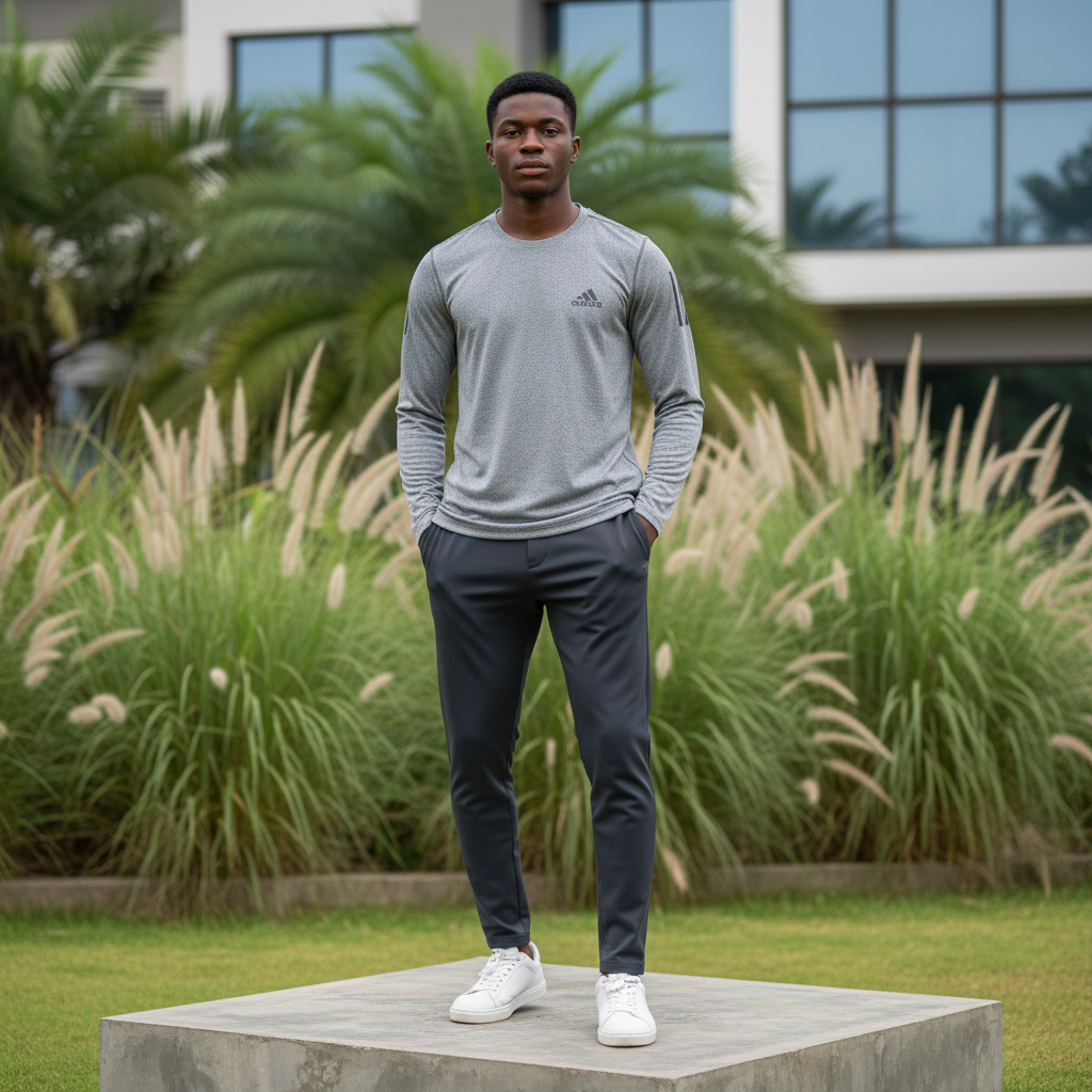 Men's Heathered Grey Long-Sleeve Athletic Performance Shirt – Nigerian Male Model