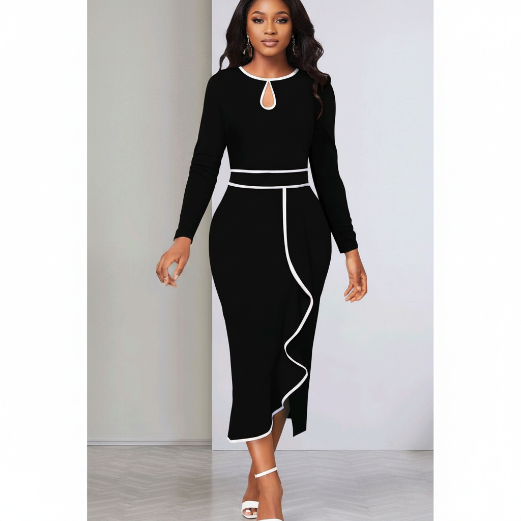 Black Nigerian model wearing the black women’s gown with white trim