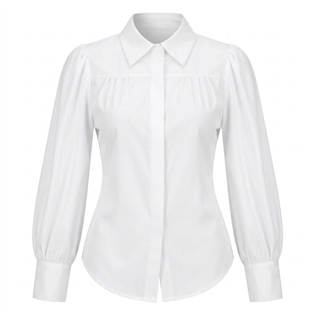 White gathered bishop-sleeve collared blouse on an invisible mannequin against white