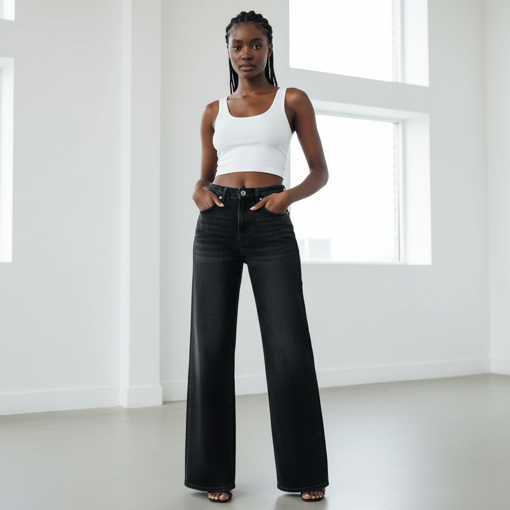 Nigerian female model wearing black wide-leg jeans front view