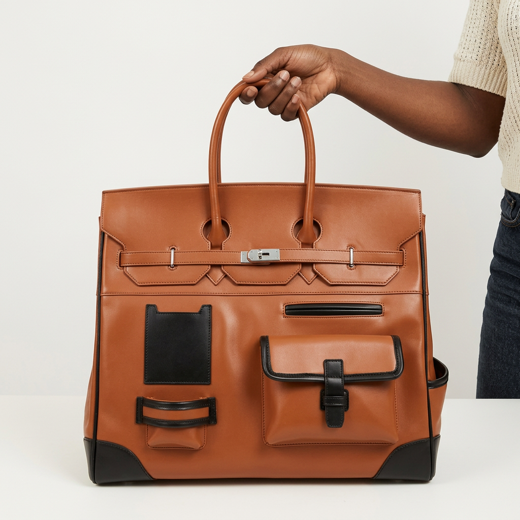 AI-generated hand-focused view of a brown and black multi-pocket tote