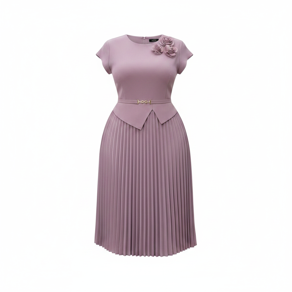 Women's Dusty Mauve Floral Brooch Peplum Pleated Midi Gown - Ghost Mannequin Front
