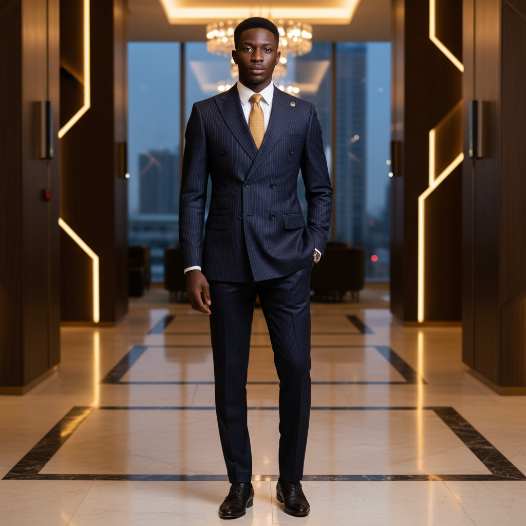 Navy Pinstripe Double-Breasted Suit with Gold Tie â€“ Nigerian Model