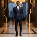 Navy Pinstripe Double-Breasted Suit with Gold Tie â€“ Nigerian Model