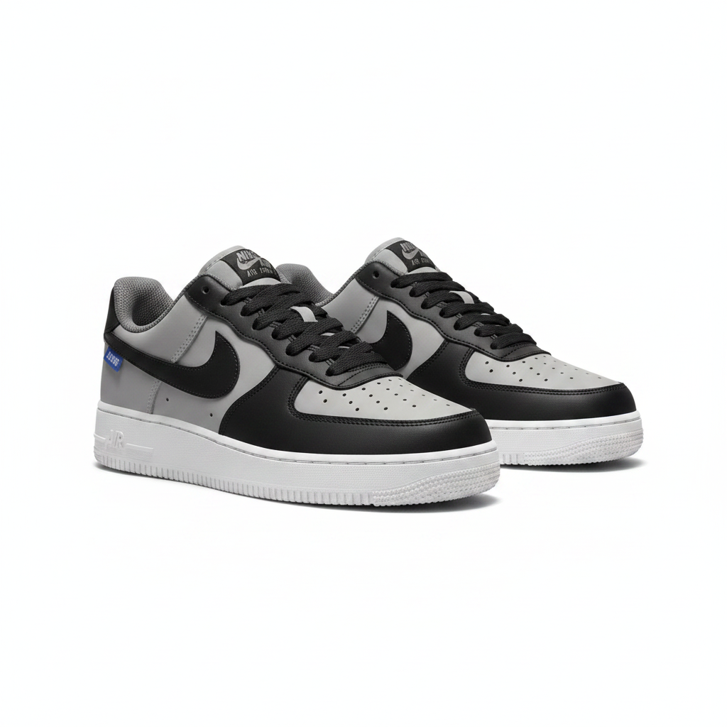 Nike Air Force 1 Low grey black colourblock ghost mannequin product shot, plain white background