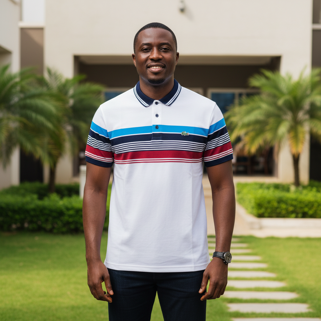 Nigerian male model wearing men's white polo shirt with multicolour chest stripe, garden setting