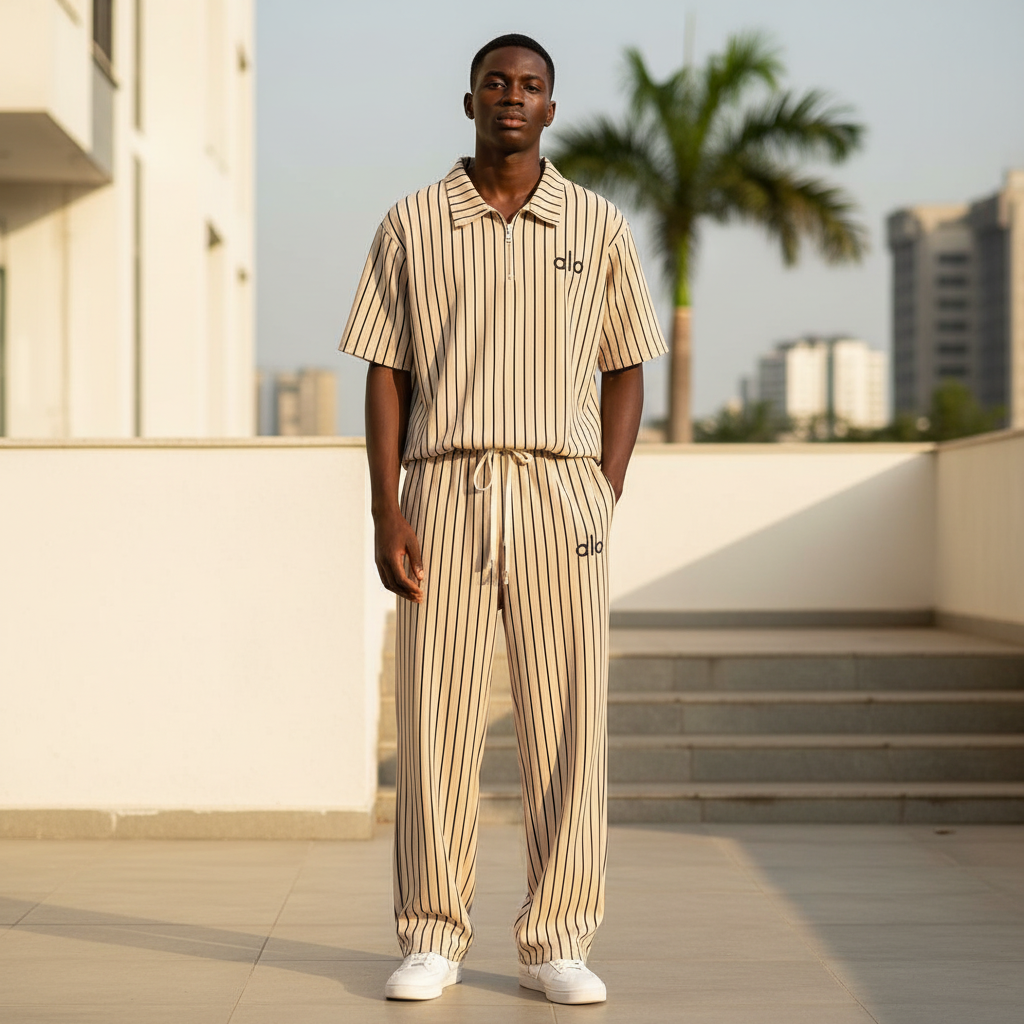 Male model wearing cream beige pinstripe alo polo and trouser two-piece set