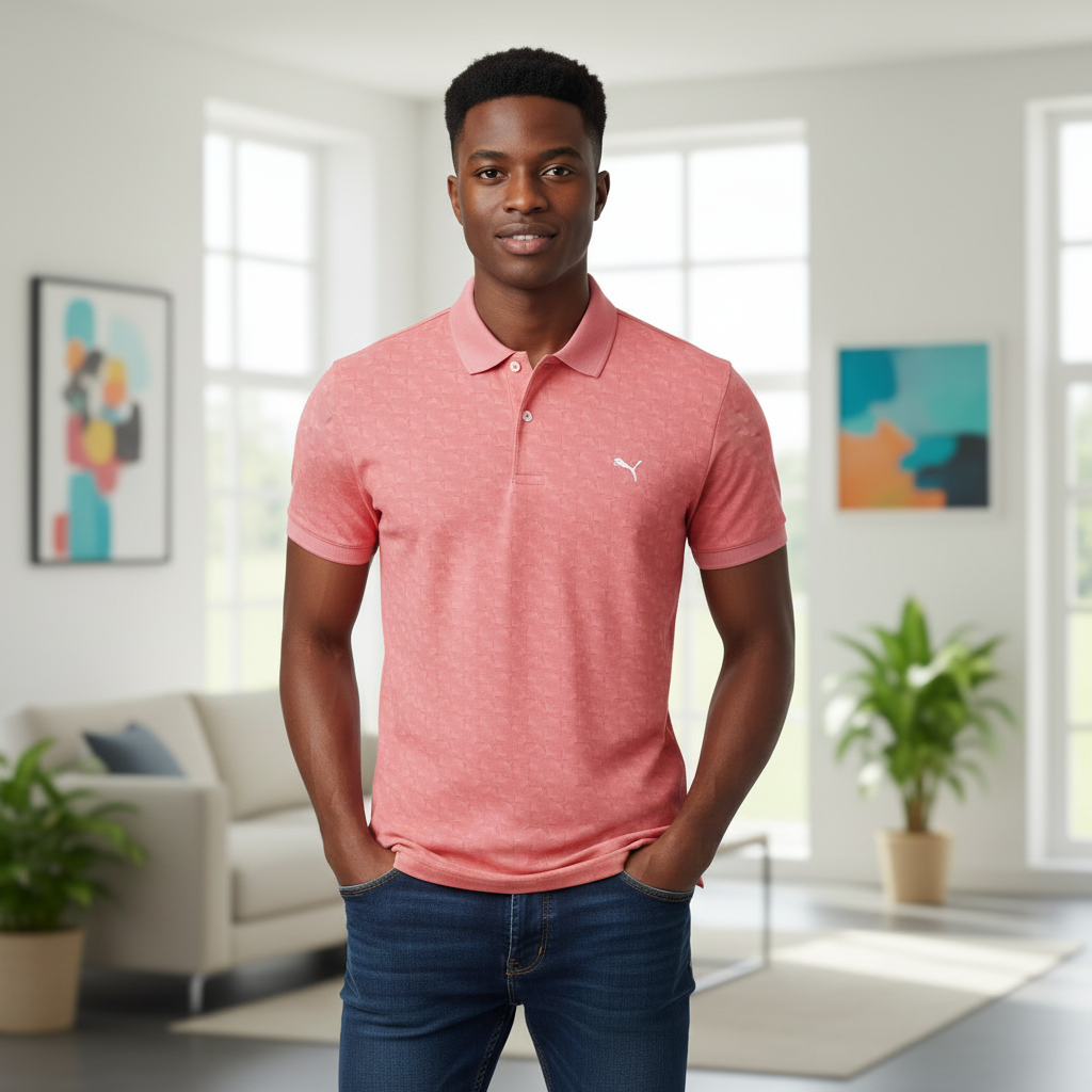 Young Nigerian male model wearing coral textured polo shirt, front view
