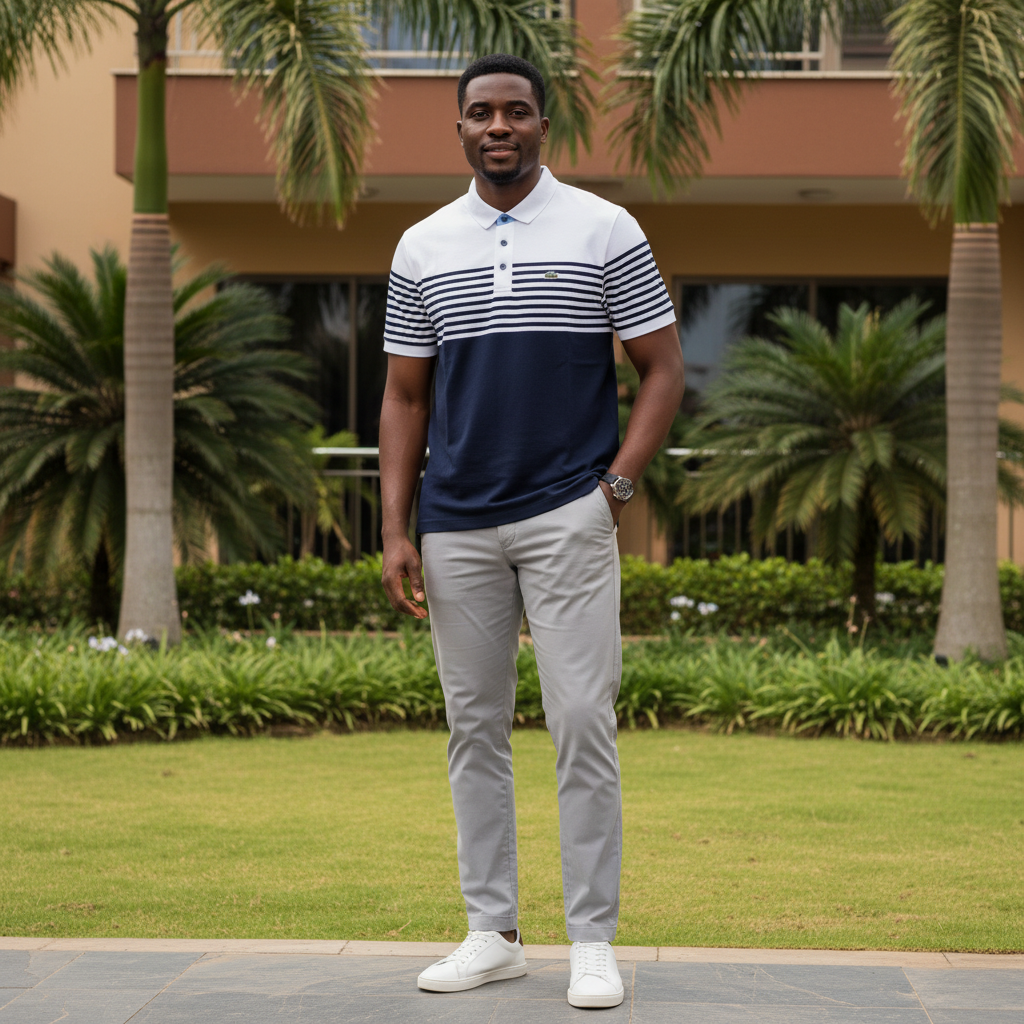 Nigerian male model wearing men's navy and white colour-block striped polo shirt, garden setting