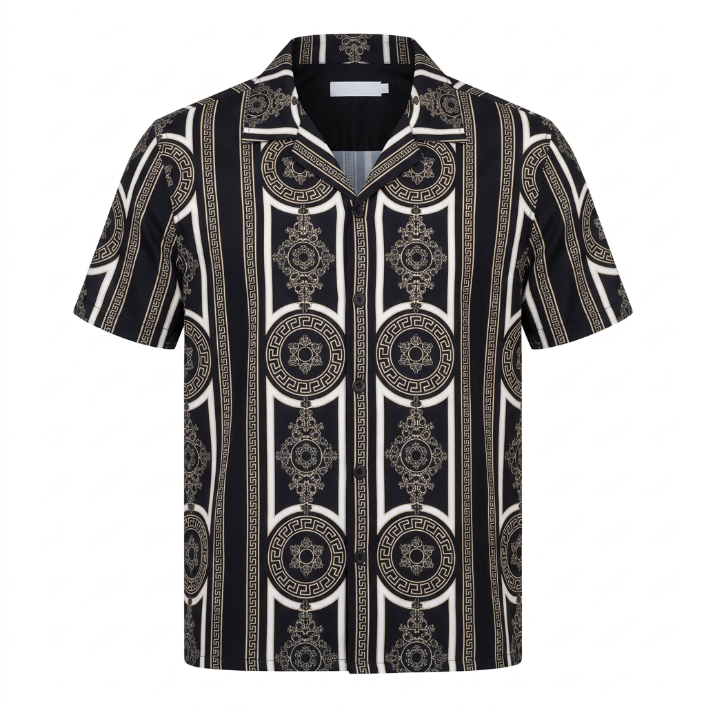 Black baroque medallion shirt with white borders and muted gold detailing on white background