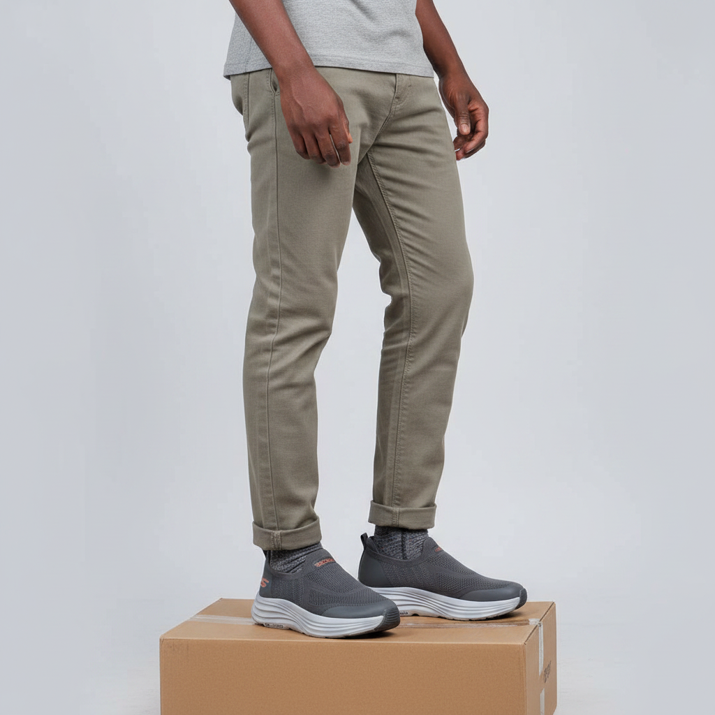 Men's charcoal grey mesh slip-on sneakers Nigerian male model leg shot