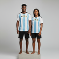 Nigerian male and female models wearing the Unisex White Sky Blue Stripe Home Football Jersey side by side