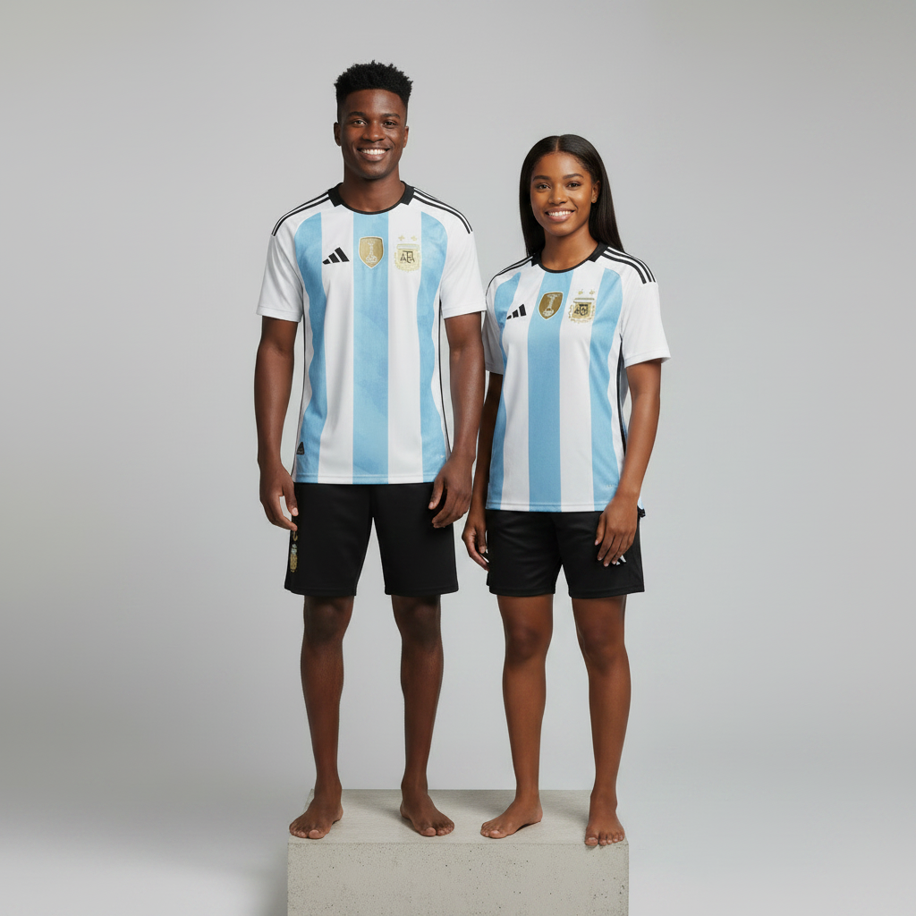 Nigerian male and female models wearing the Unisex White Sky Blue Stripe Home Football Jersey side by side