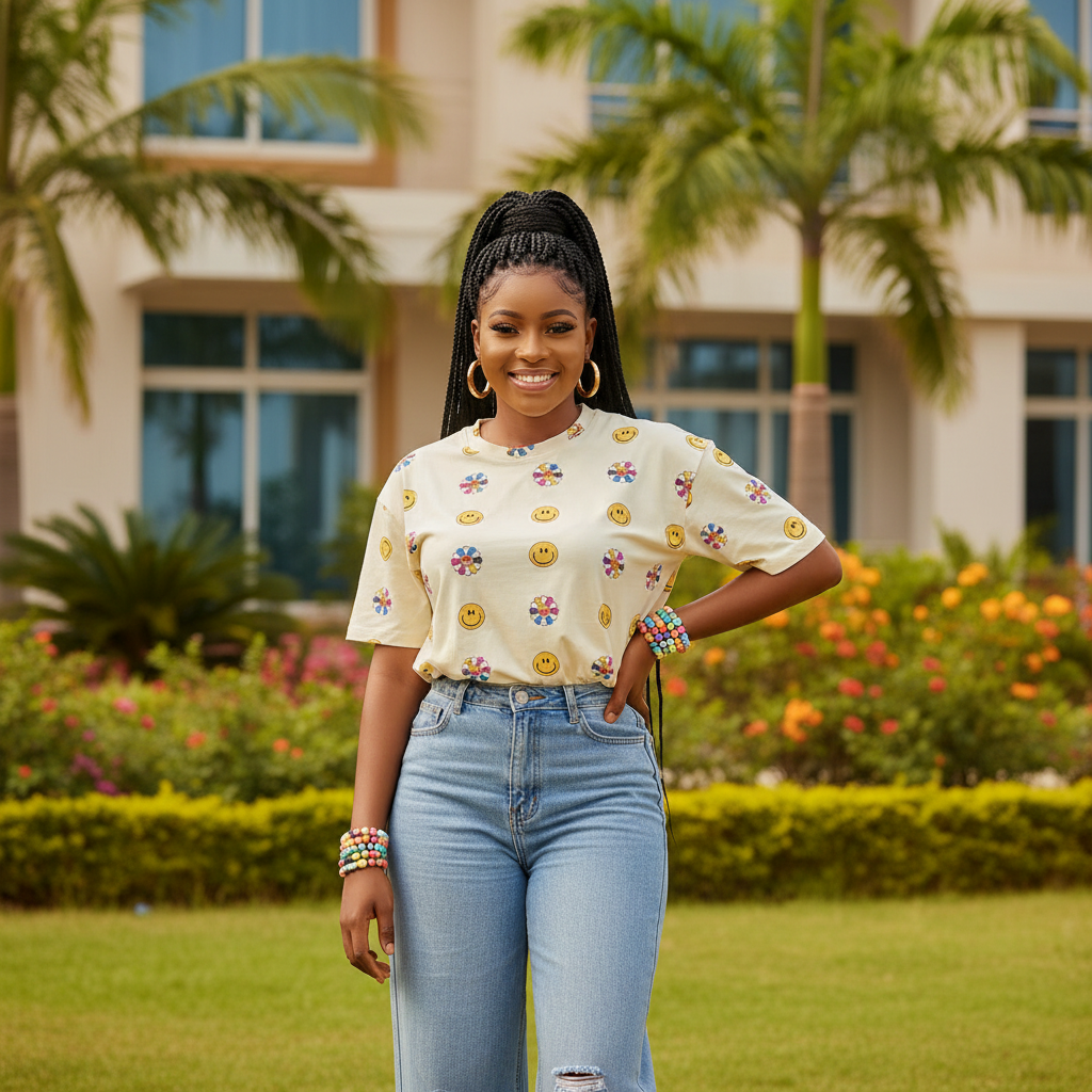 Women's cream all-over smiley face and daisy print crew neck tee - model shot