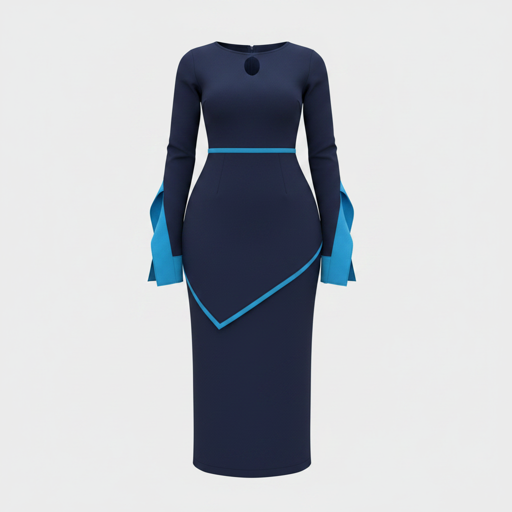 Ghost mannequin view of the navy blue women’s gown with blue trim