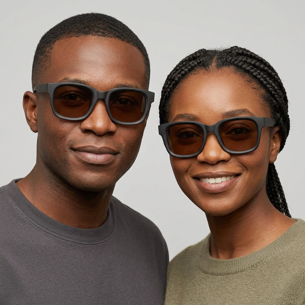 AI-generated adults wearing matte black square sunglasses with brown lenses