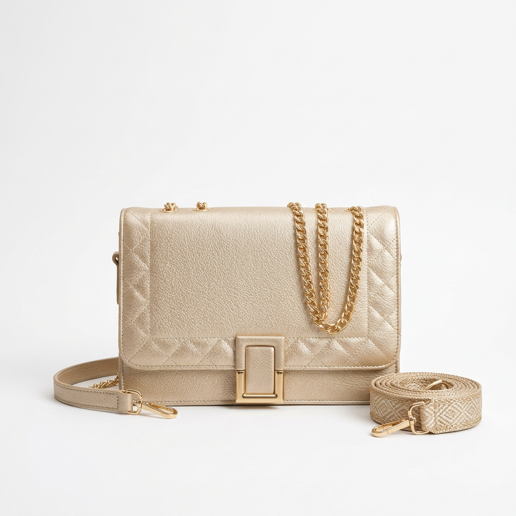 Champagne gold flap shoulder bag with quilted border and rectangular clasp