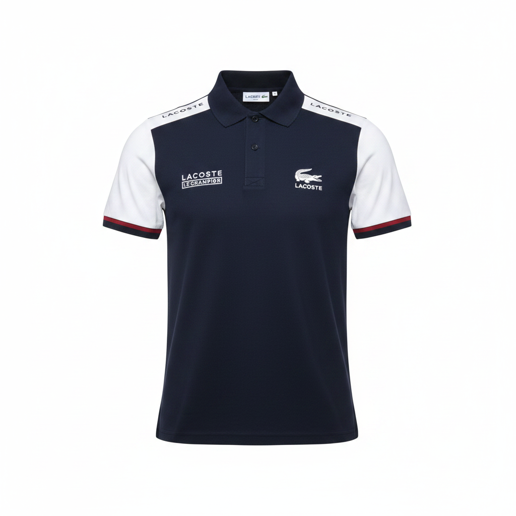 Ghost mannequin view of navy and white colour-block polo shirt