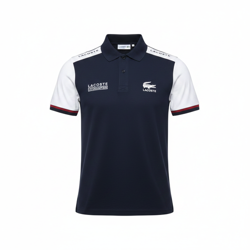Ghost mannequin view of navy and white colour-block polo shirt