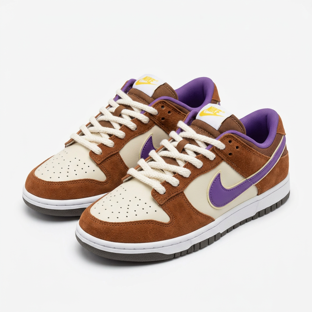 Pair of brown and cream low-top sneakers with purple accents and white rope laces on a white background