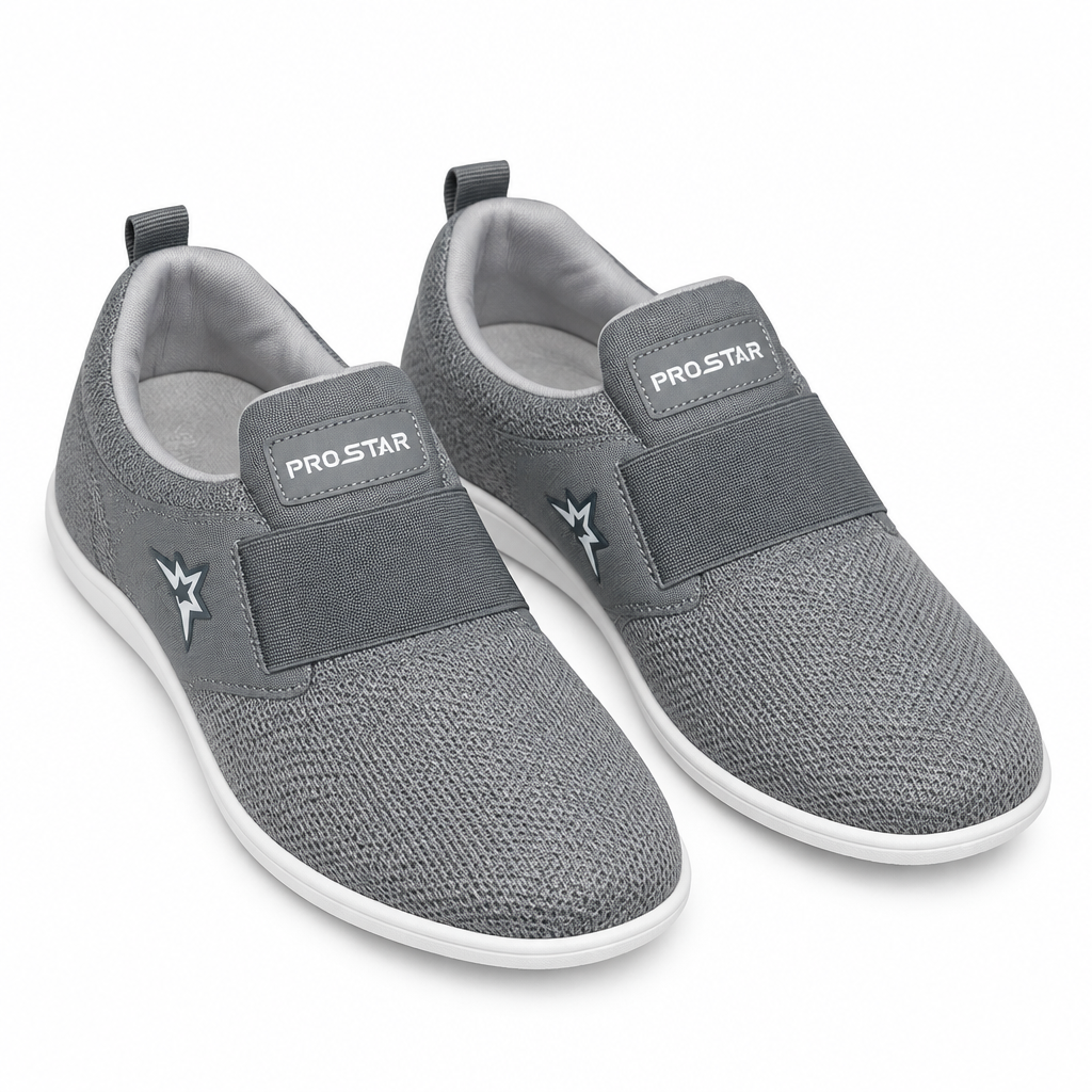 Pair of grey knit band-detail slip-on sneakers on white