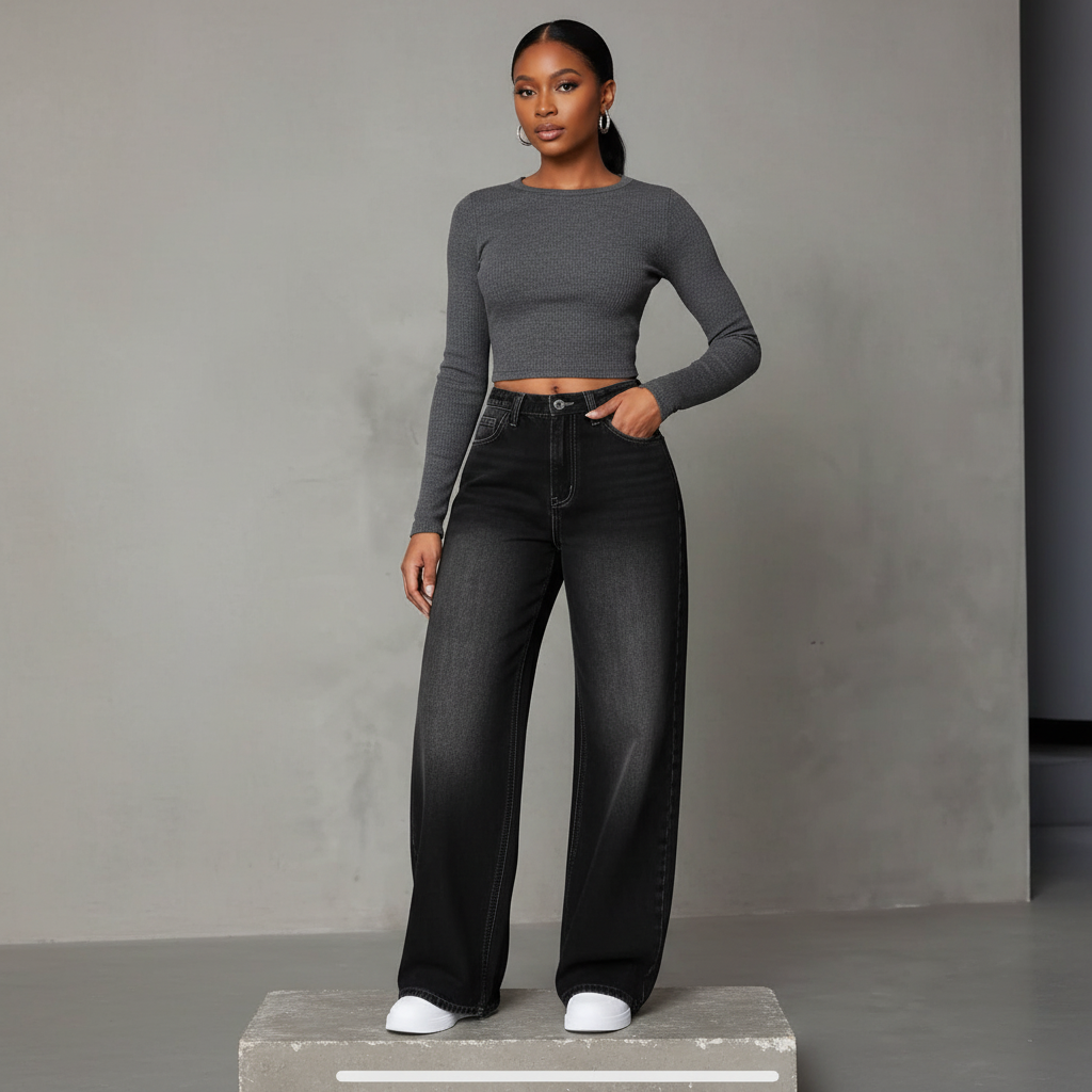 Black Washed Baggy Wide-Leg Jeans - Model Front