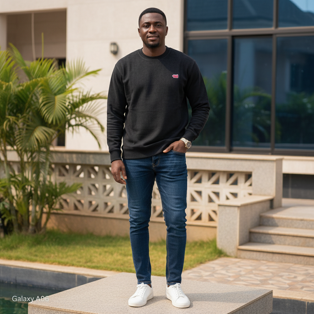 Nigerian male model wearing washed charcoal suede-texture crewneck sweatshirt