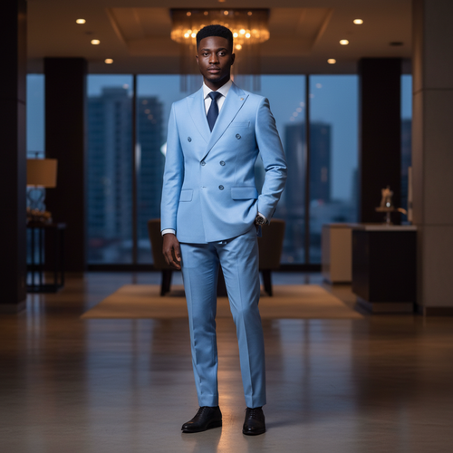 Sky Blue Double-Breasted Suit , Nigerian Model