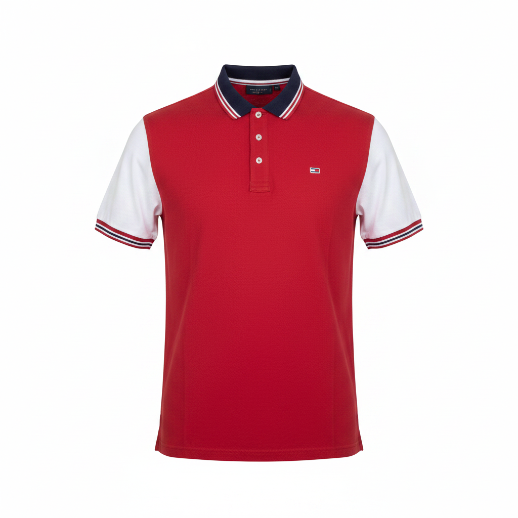 Red and white colour block short sleeve polo shirt with striped ribbed collar and cuffs — ghost mannequin front view