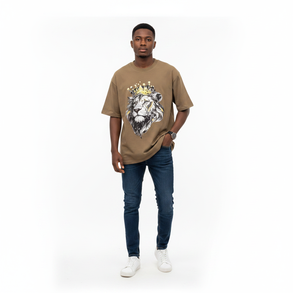 Josh Collections Crowned Lion King Graphic Tee Khaki – Model Shot