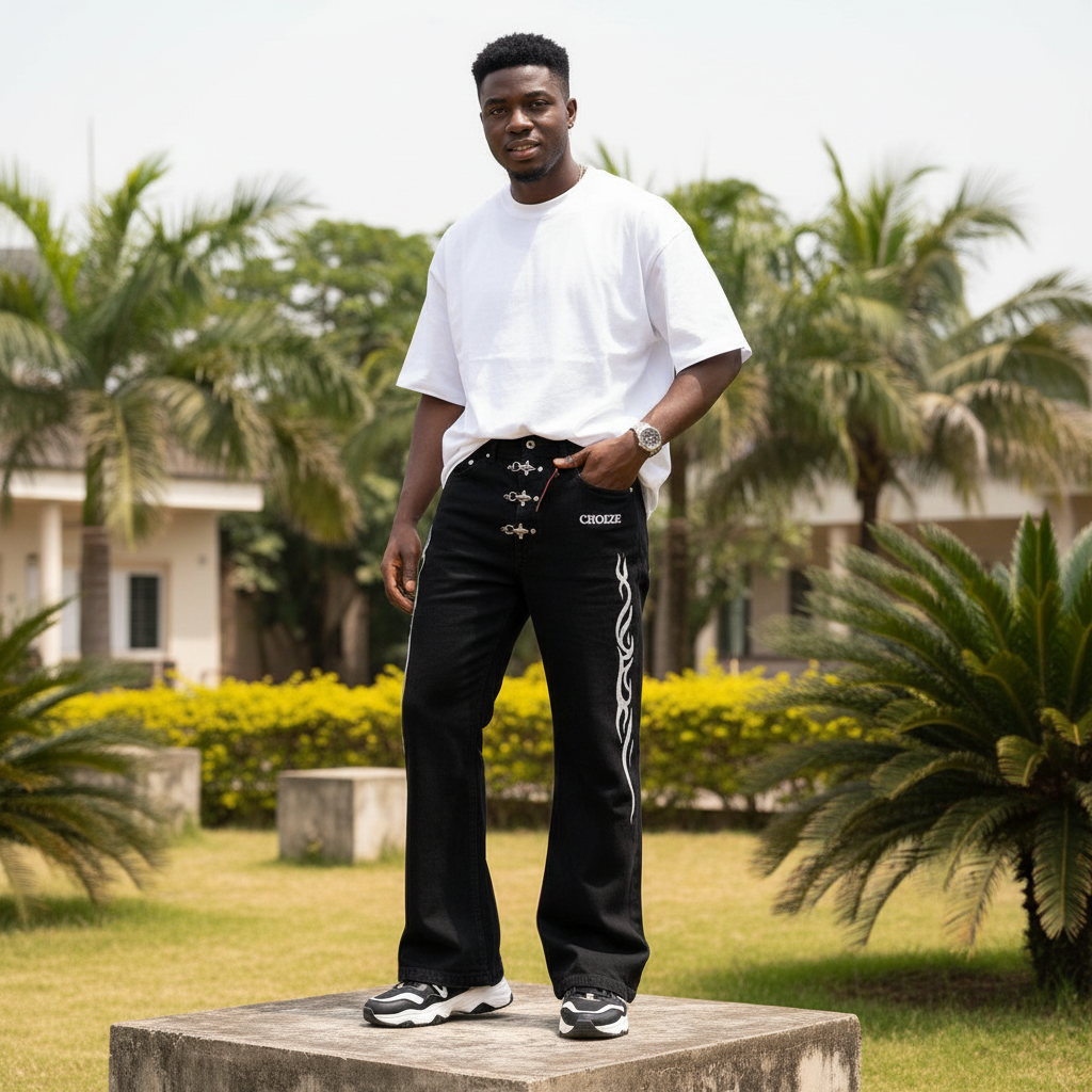 Nigerian male model wearing black tribal flame embroidered flare jeans – full body lifestyle shot
