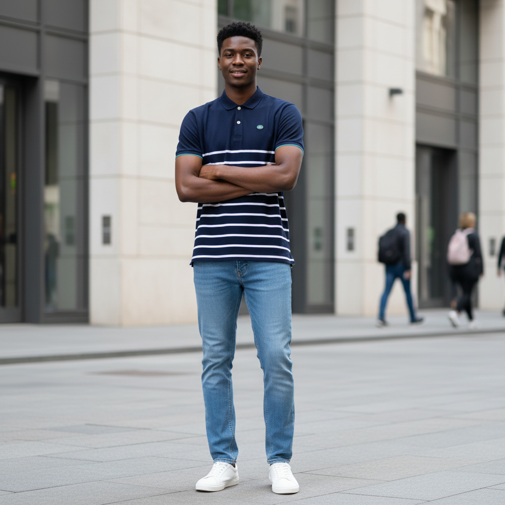 Young Nigerian male model wearing navy striped polo shirt