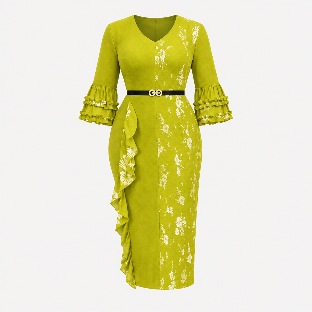 Ghost mannequin view of a lime green floral midi gown with ruffle sleeves and a belted waist