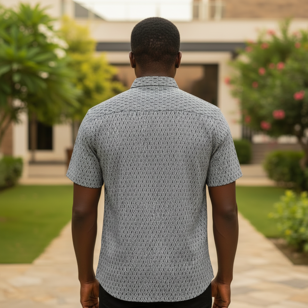 Nigerian male model wearing Grey Diamond Print Short Sleeve Shirt back view