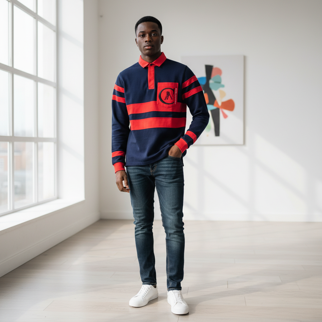 Young Nigerian male model wearing navy blue and red stripe long-sleeve rugby polo