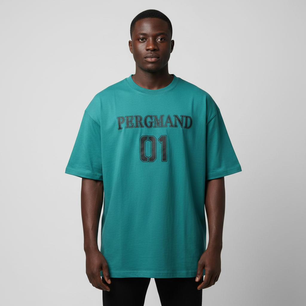 Black Nigerian male model wearing a teal Pergmand 01 graphic T-shirt