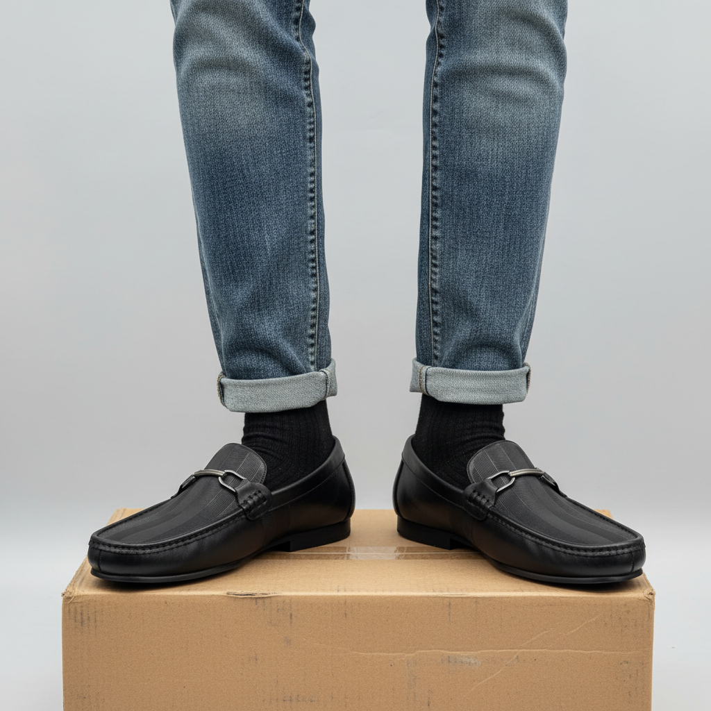Men's Black Ribbed Textured Leather Silver-Bar Loafers – Leg Model Shot