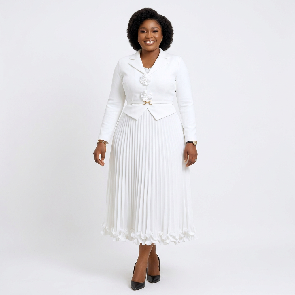 Black adult model wearing a white long-sleeve pleated midi gown