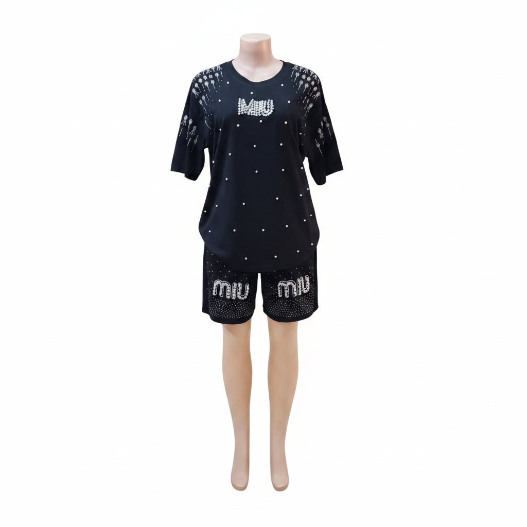 Ghost mannequin front view - black pearl rhinestone top and shorts set