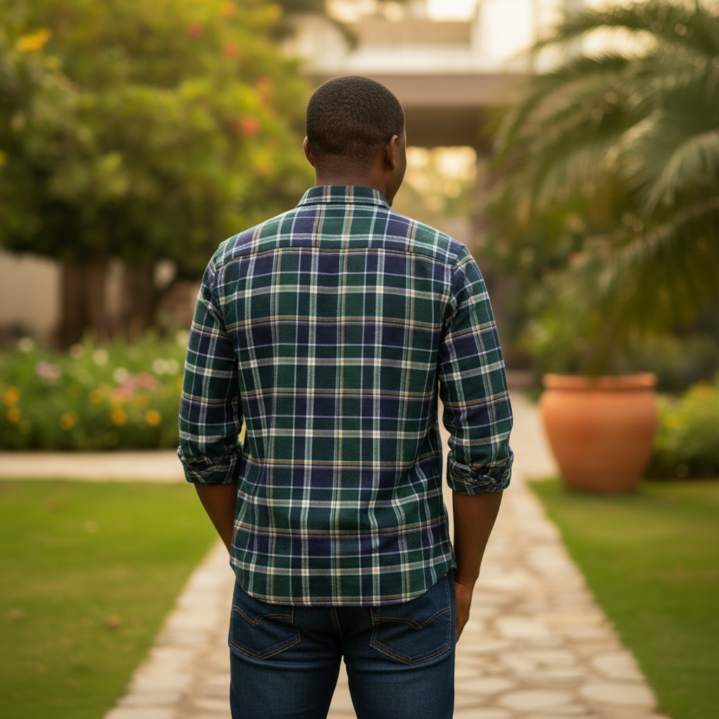 Nigerian male model wearing Green Navy Tartan Plaid Shirt back view