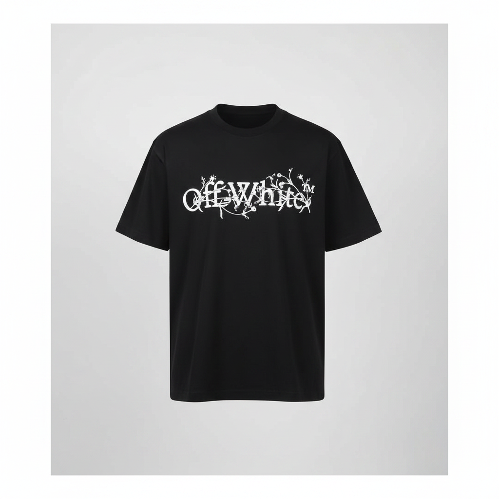 Ghost mannequin front view of black floral script graphic tee
