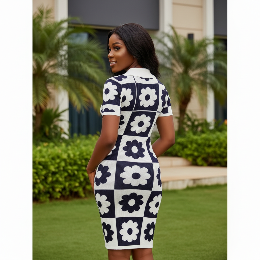 Nigerian female model wearing navy and white daisy checkerboard knit midi dress - back view