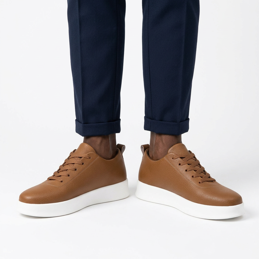 Tan textured sneakers worn on both feet by a Black male model against a plain white background
