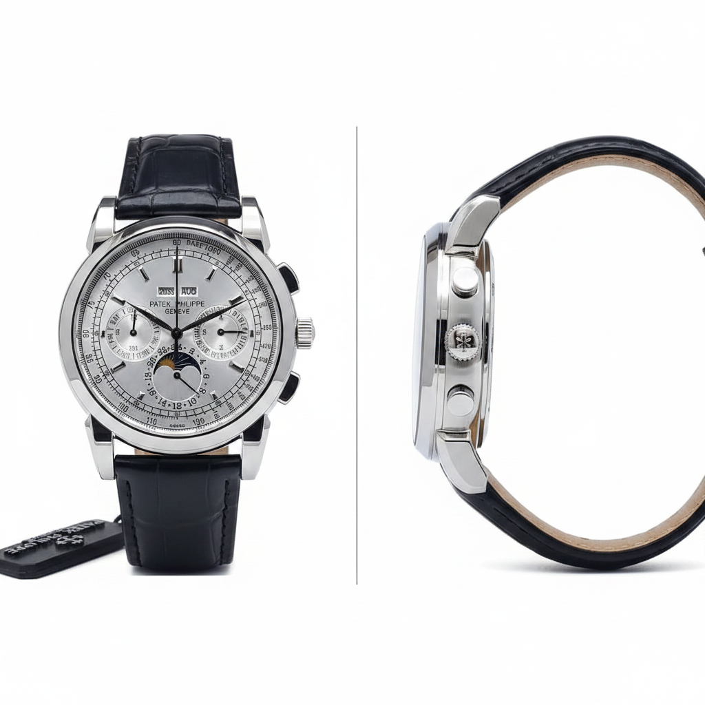 Men's silver steel chronograph moon phase complication watch — ghost mannequin front and side view, black leather strap