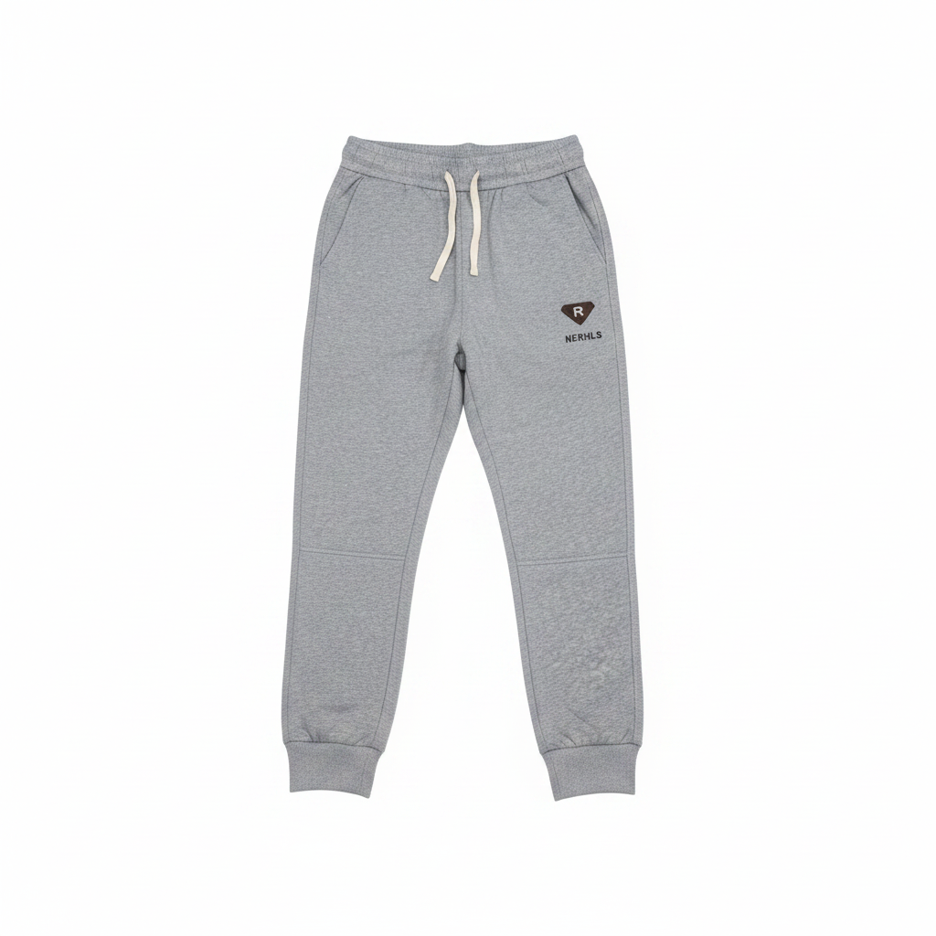 Ghost mannequin of grey marl badge patch joggers