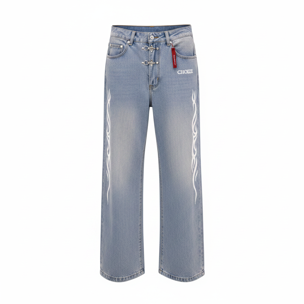 Men's light blue washed straight-leg denim jeans with white tribal flame embroidery down both side seams, ghost mannequin front view