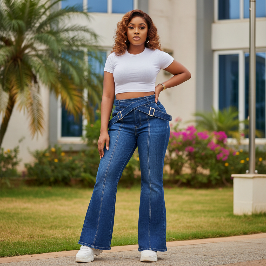 Nigerian female model wearing blue high-waist wrap-belt palazzo flare jeans