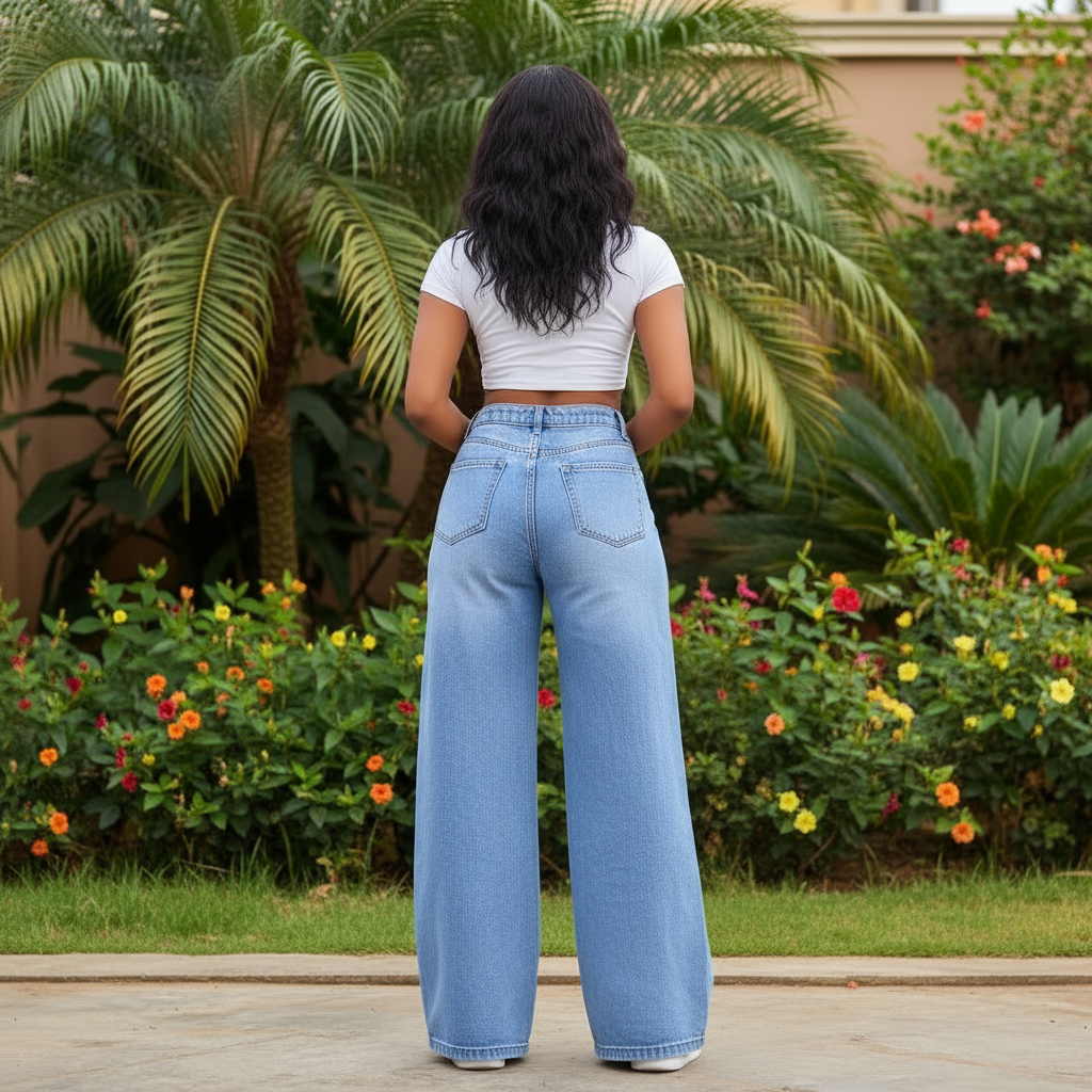 Nigerian female model wearing light blue wide-leg palazzo jeans - back view