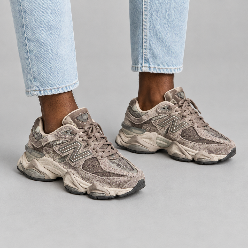 Taupe suede-and-mesh sneakers worn by a model, shown from the legs down